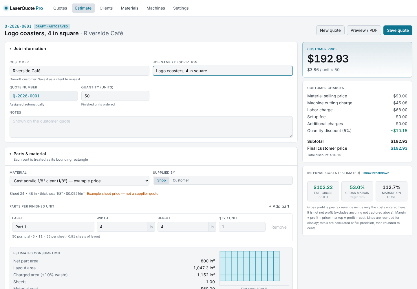The LaserQuote Pro estimate screen with the customer price, charges and margin for an acrylic coaster job